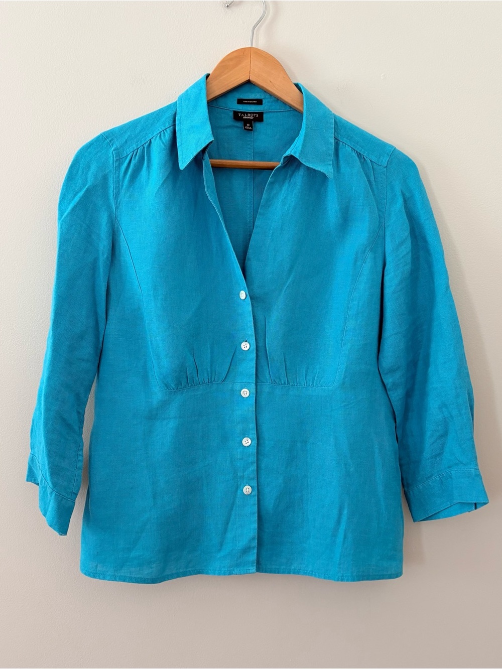 Talbots Irish Linen Button Up 3/4 Sleeve Shirt Womens 10 Teal Classic Comfort